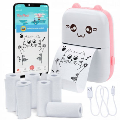 Mini tlačiareň pre deti, termotlač na papier s Api Android, Apple, ružová