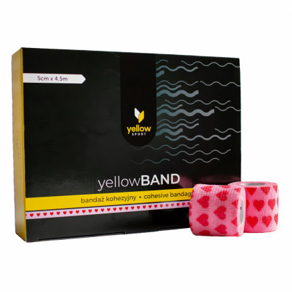 Kohezívny obväz yellowBAND - 5cm x 4,5m, ružový so srdiečkami, 12ks